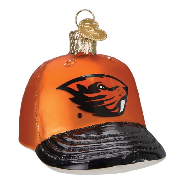 Oregon State cap ornament, front three-quarter view with black beaver logo on an orange crown and black brim, on white