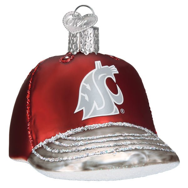 Washington State cap ornament, front three-quarter view with silver cougar head logo on crimson and silver brim, on white
