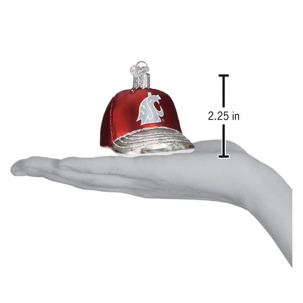 Washington State cap ornament resting on an open palm beside a 2.25 inch height marker