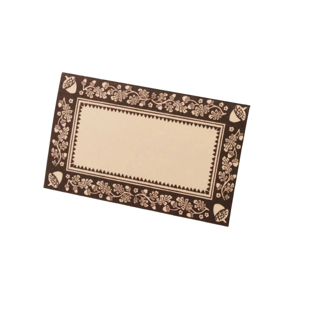 Harvest place card with brown acorn and oak leaf border on cream, ready for Thanksgiving table settings