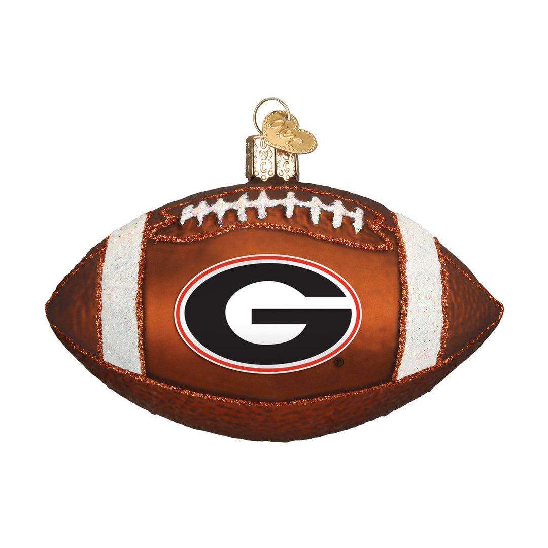 Georgia Bulldogs football ornament with the G logo, side view on a white background