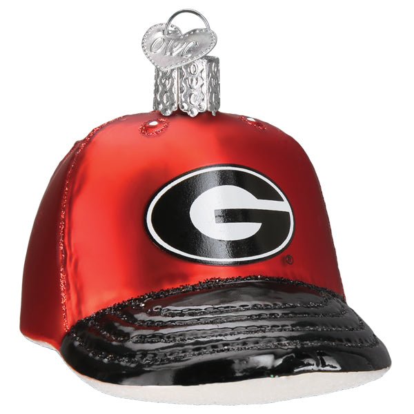 Georgia cap ornament, front three-quarter view with oval G logo on a red crown and black brim, on white