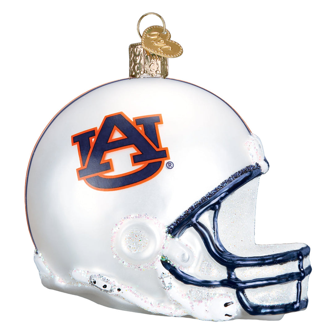 White Auburn football helmet ornament with the Auburn University logo, front view on white