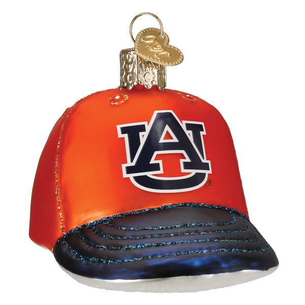 Auburn baseball cap ornament, front three-quarter view with navy AU logo on an orange crown and navy brim, on white