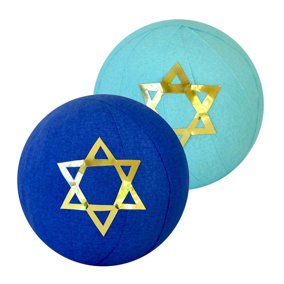 Hanukkah mini surprise balls in royal and light blue crepe paper with gold Star of David for eight nights of gifts