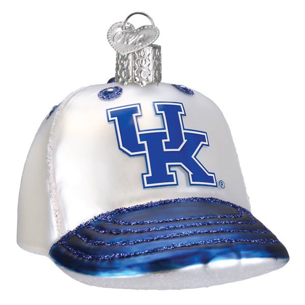 Kentucky baseball cap glass ornament, front view, white crown with royal blue UK logo and blue brim on white
