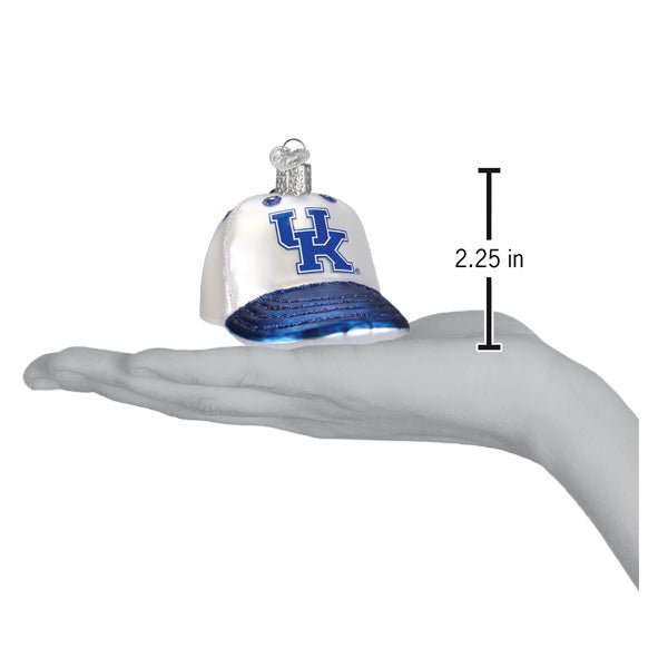 Kentucky baseball cap ornament on an open hand with a 2.25 inch height marker for scale