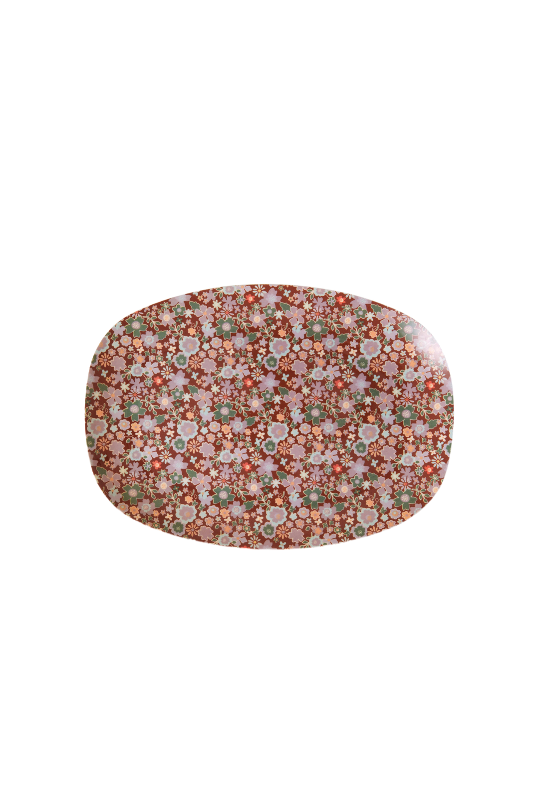 Small rectangular melamine plate covered in a rust, blush, and sage Fall Floral print, product view on white