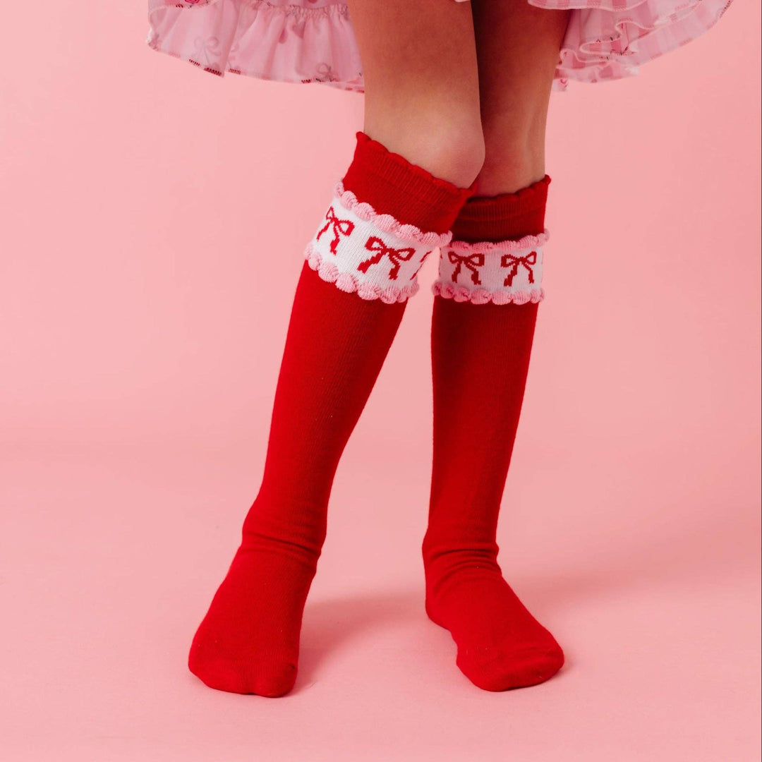 VALENTINE'S BOW SCALLOPED KNEE HIGH SOCKS Little Stocking Co. Valentine's Day Accessories VALENTINE'S BOW SCALLOPED KNEE HIGH SOCKS Bonjour Fete - Party Supplies