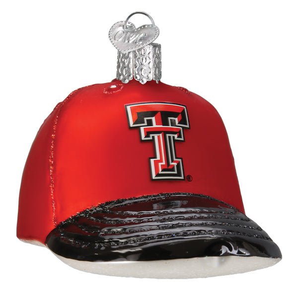 Texas Tech cap ornament, front three-quarter view with red and black Double T logo on a red crown, black brim, on white