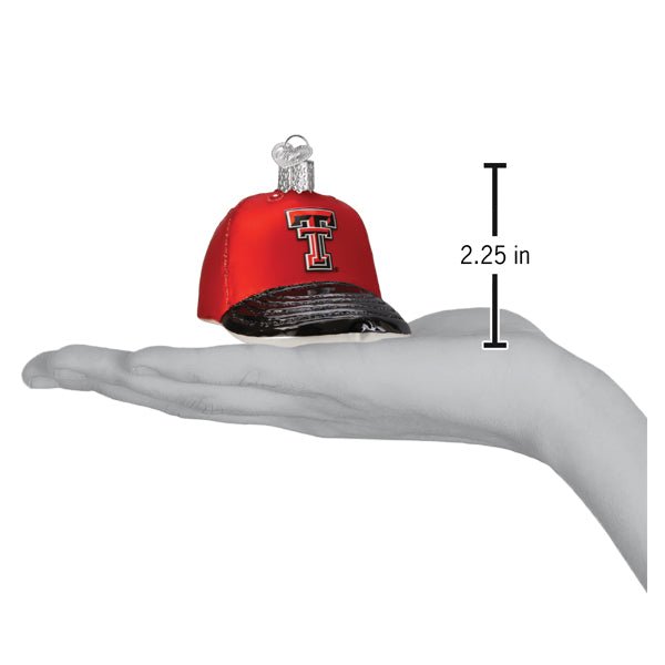 Texas Tech cap ornament on an open palm beside a 2.25 inch height marker