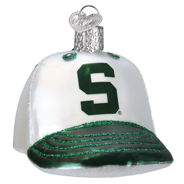Michigan State cap ornament, front three-quarter view with green block S logo on white and green brim, on white
