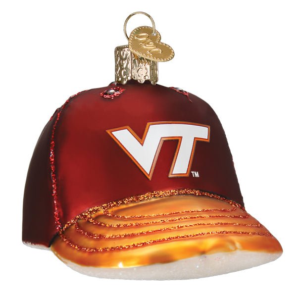 Virginia Tech cap ornament, front three-quarter view with white and orange VT logo on maroon and orange brim, on white