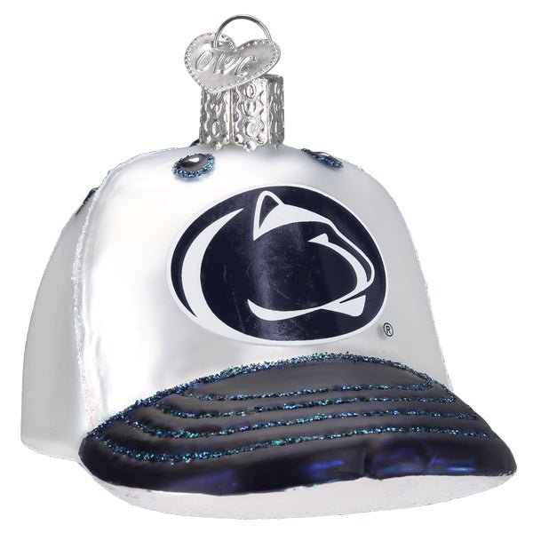 Penn State cap ornament, front three-quarter view with navy lion head logo on a white crown and navy brim, on white