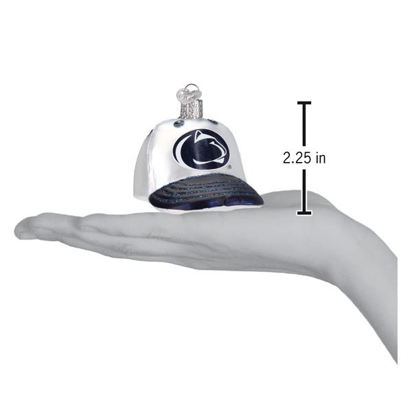Penn State cap ornament on an open palm beside a 2.25 inch height marker