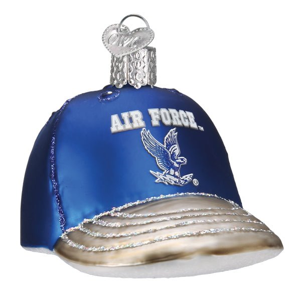 Air Force baseball cap glass ornament, front view, royal blue crown with white AIR FORCE letters and falcon on white
