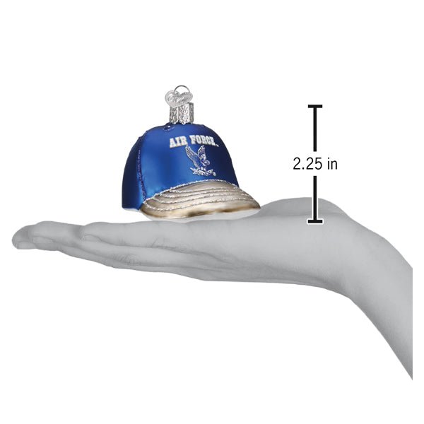 Air Force baseball cap ornament on an open hand with a 2.25 inch height marker for scale