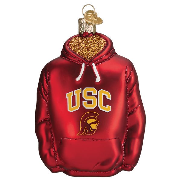 Cardinal red USC Trojans hoodie glass ornament with gold USC letters and Trojan helmet logo, on white