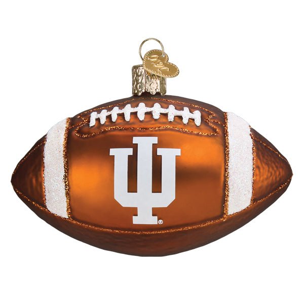 Indiana University football ornament, side view with white IU logo, white laces, and glittered stripes, on white