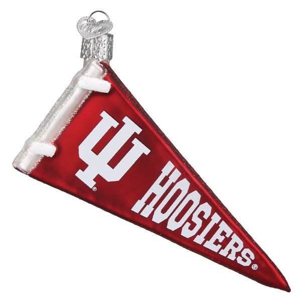 Indiana University pennant glass ornament, front view, crimson flag with white IU logo and HOOSIERS on a white background