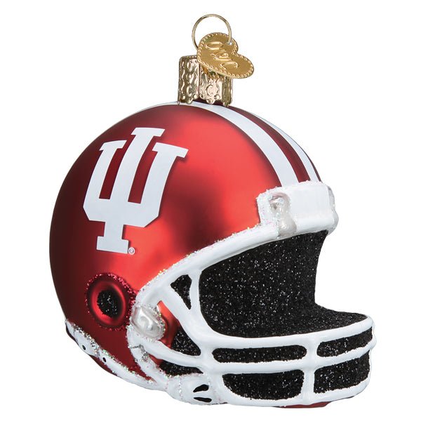 Indiana University football helmet glass ornament, side view, crimson shell with white IU logo and face mask on white
