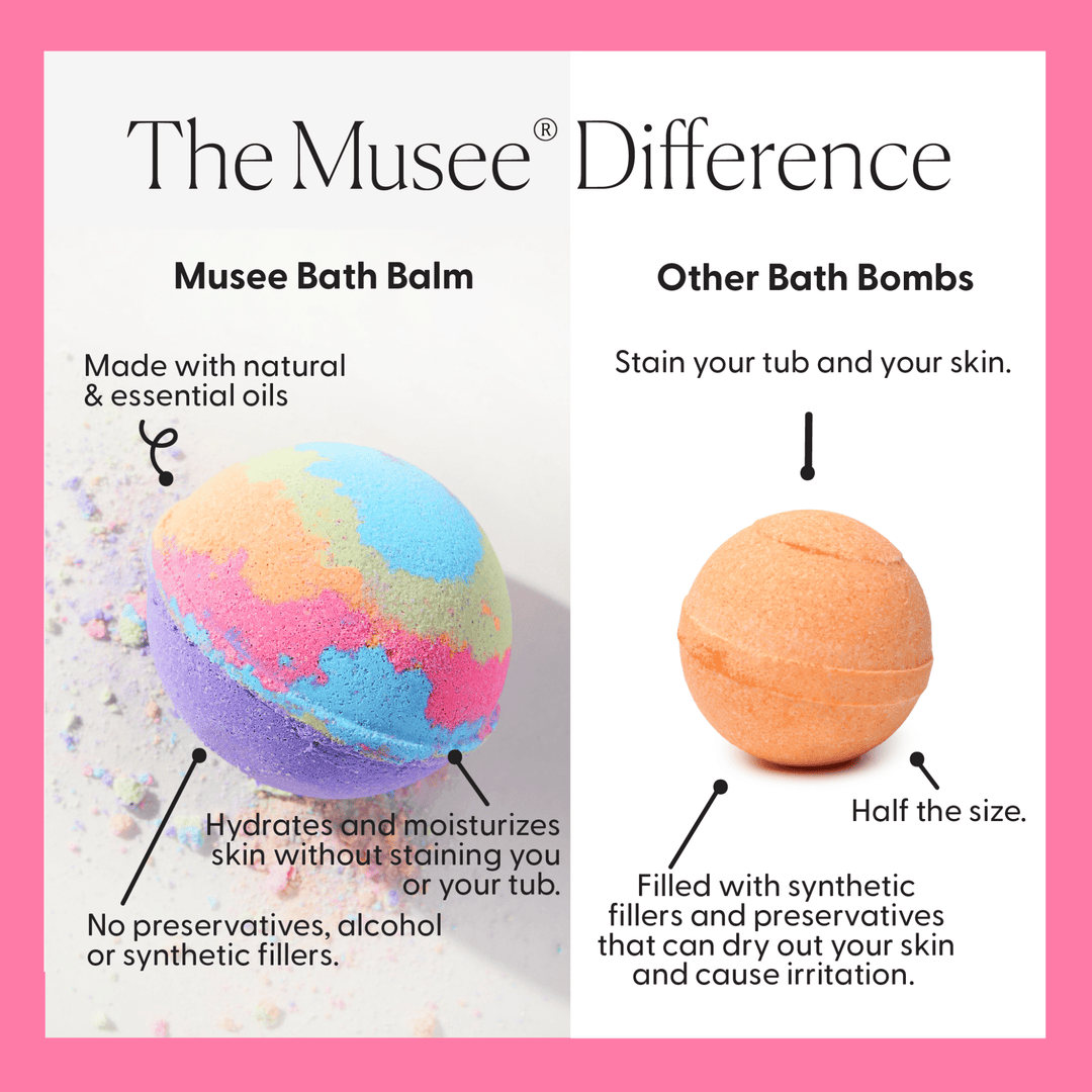 Musee Difference chart pairing a rainbow bath balm against staining bath bombs, a birthday party favor guide