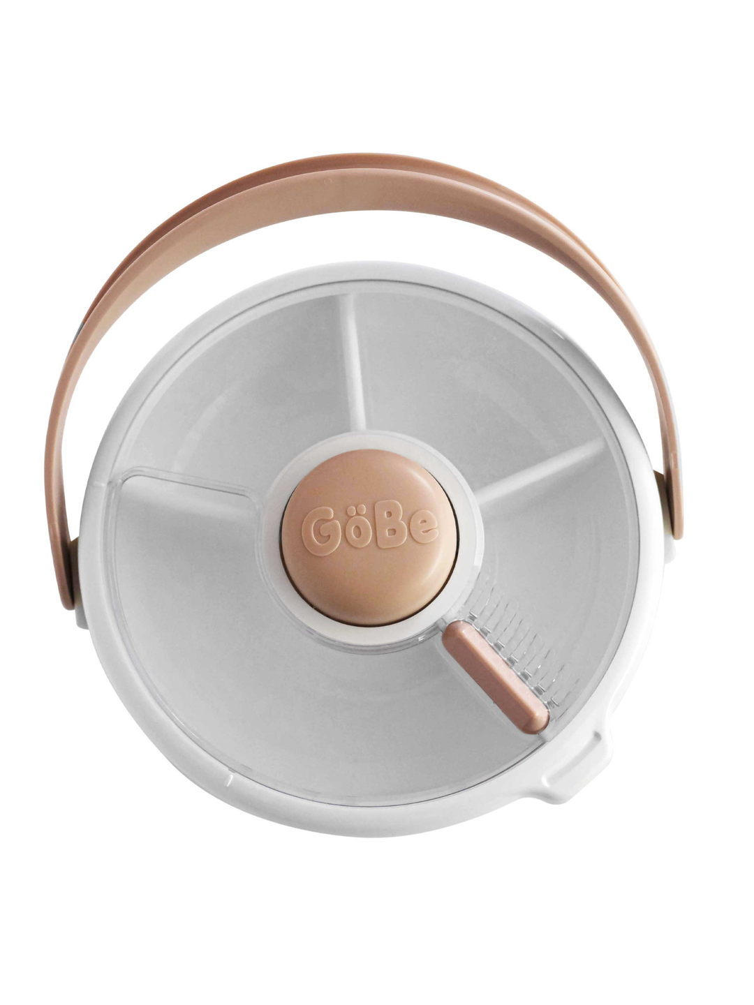 Overhead view of the cream Lunch Stack snack spinner lid and carry handle