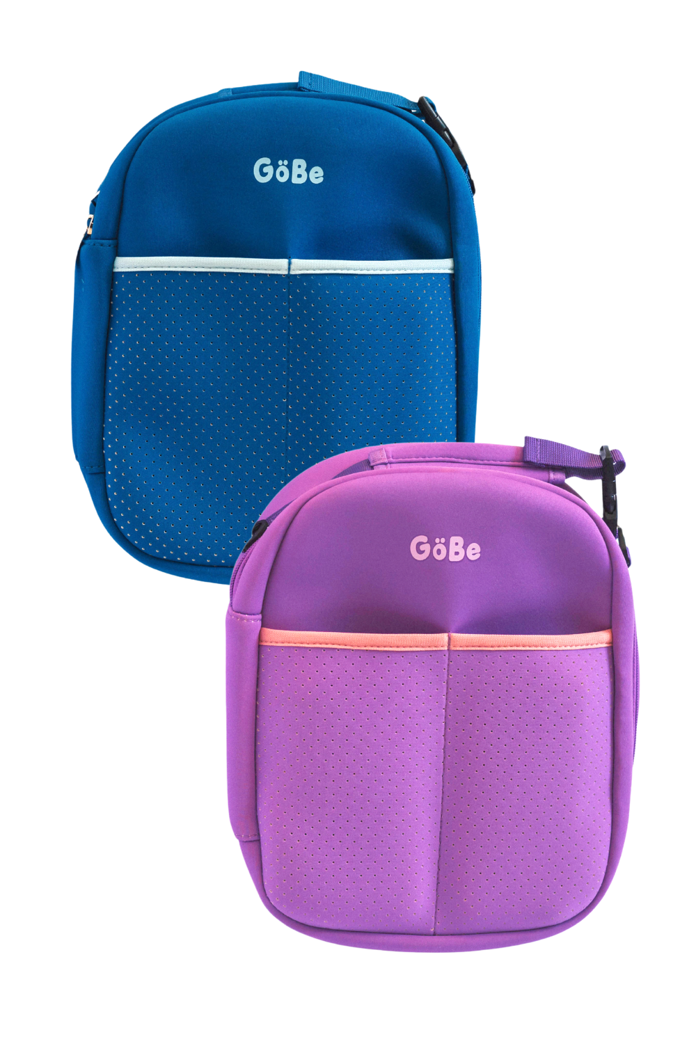 GoBe insulated lunch bag shown in blue and purple, front view