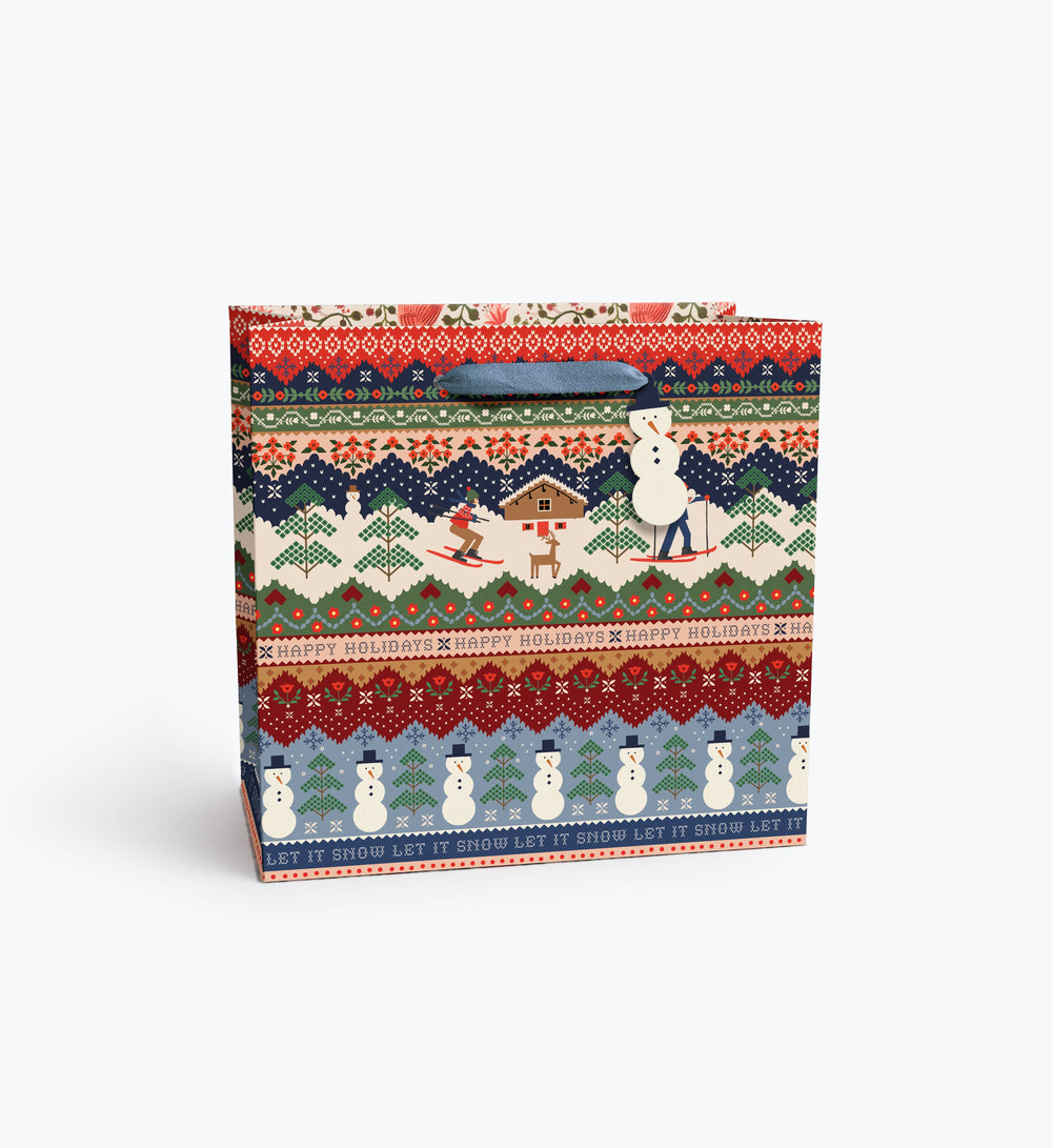 Square Ski Chalet gift bag showing knit-style snowman and Let It Snow bands with velvet ribbon handles