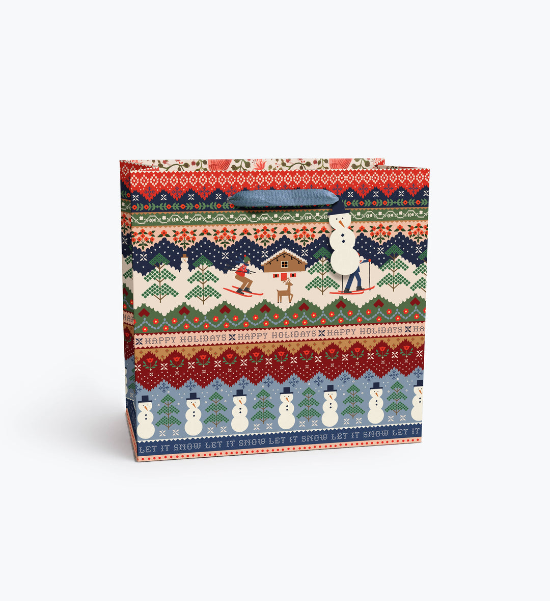 Square Ski Chalet gift bag showing knit-style snowman and Let It Snow bands with velvet ribbon handles