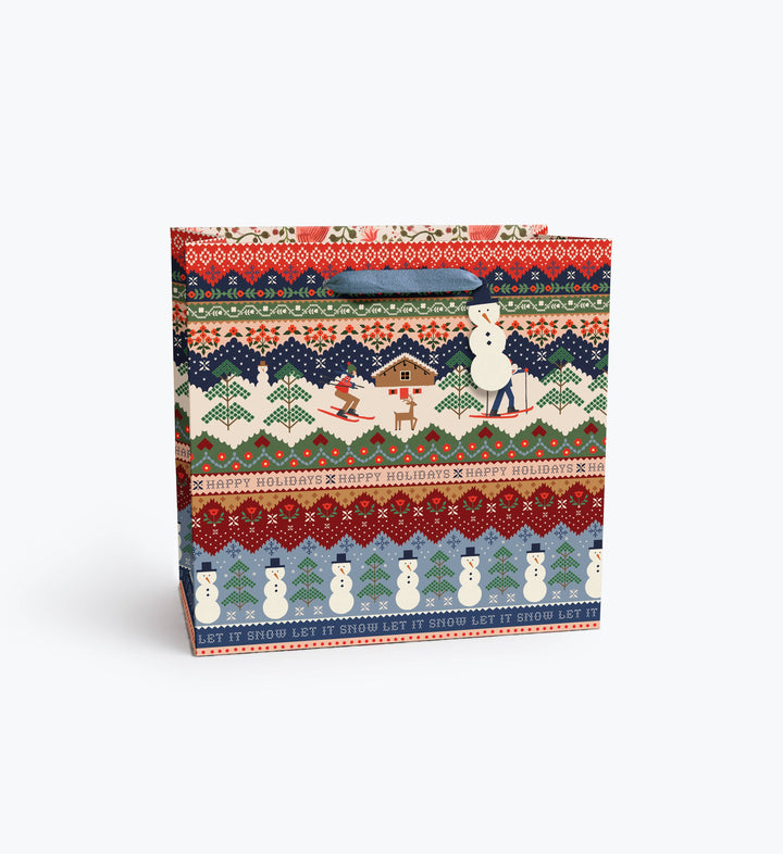 Square Ski Chalet gift bag showing knit-style snowman and Let It Snow bands with velvet ribbon handles