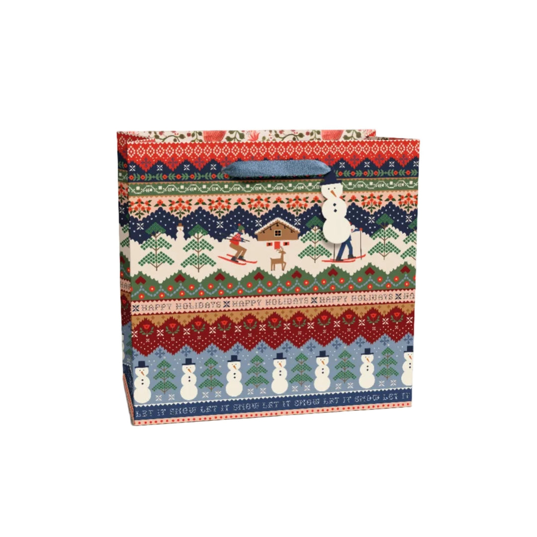 Large Ski Chalet gift bag in knit sweater print, sized for blankets, board games, and oversized Christmas presents