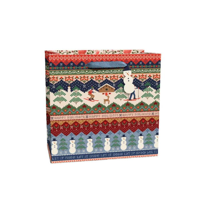 Large Ski Chalet gift bag in knit sweater print, sized for blankets, board games, and oversized Christmas presents