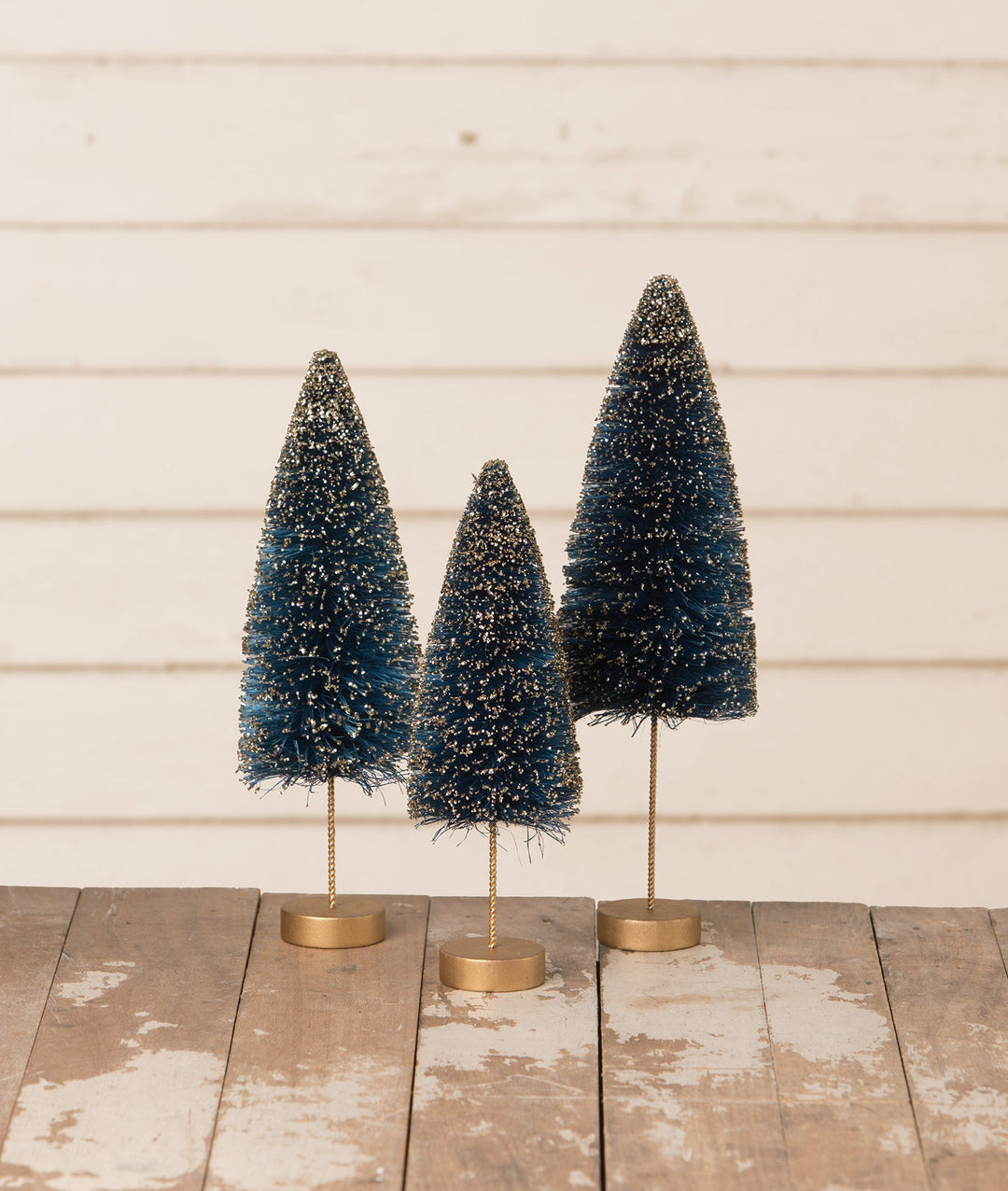 Sapphire and gold glow bottle brush Christmas trees by Bethany Lowe Designs