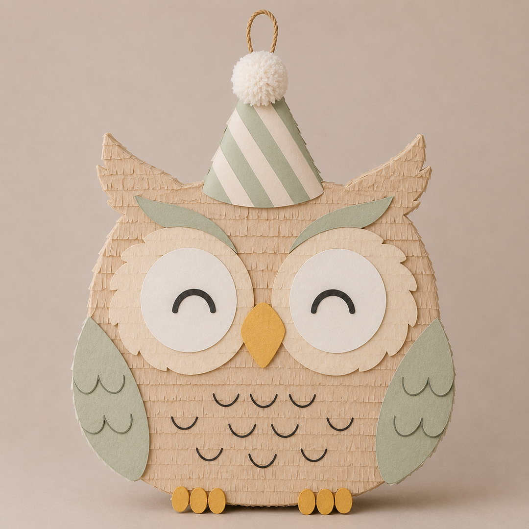 Cream owl piñata with sage green wings, big round eyes, a gold beak and feet, and a striped party hat, for a woodland party