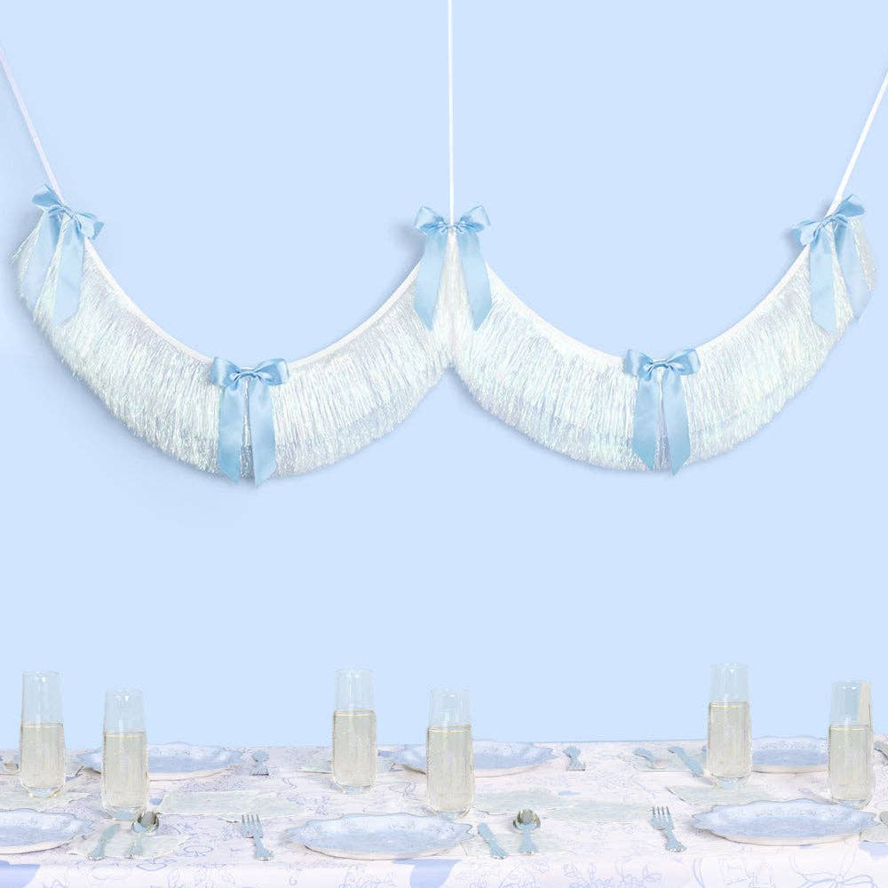 Something Blue Banner - layered fringe + satin bows, white, bachelorette xo, Fetti Something Blue Banner - layered fringe + satin bows, white, bachelorette Bonjour Fete - Party Supplies