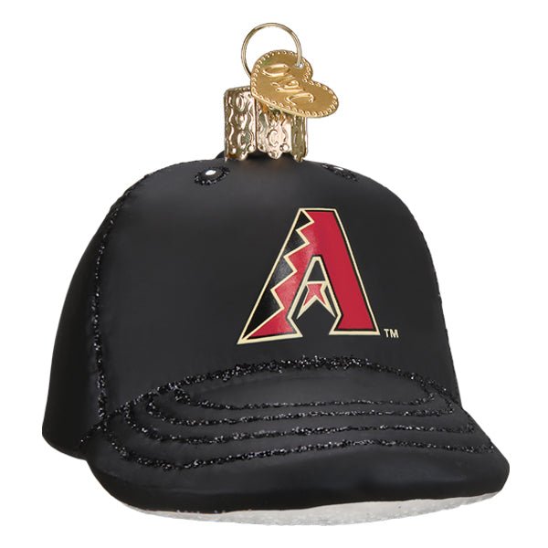 Front of the Arizona Diamondbacks cap ornament, a black glass cap with the red snakeskin A logo outlined in gold, on white