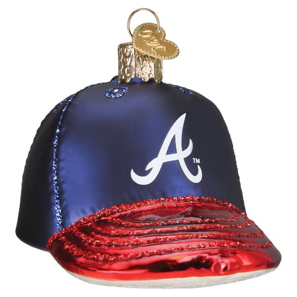 Atlanta Braves baseball cap ornament, navy and red with the white A logo, glittered brim, front view on white