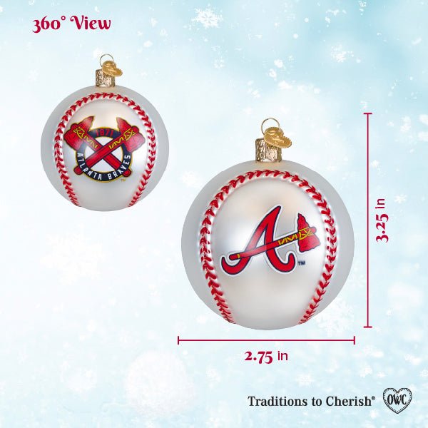 360 view chart of the Braves baseball ornament, front and back, marked 3.25 inches tall and 2.75 wide