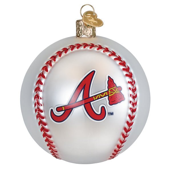 Front of the Atlanta Braves baseball ornament, a white glass ball with red stitching and the red A tomahawk logo, on white
