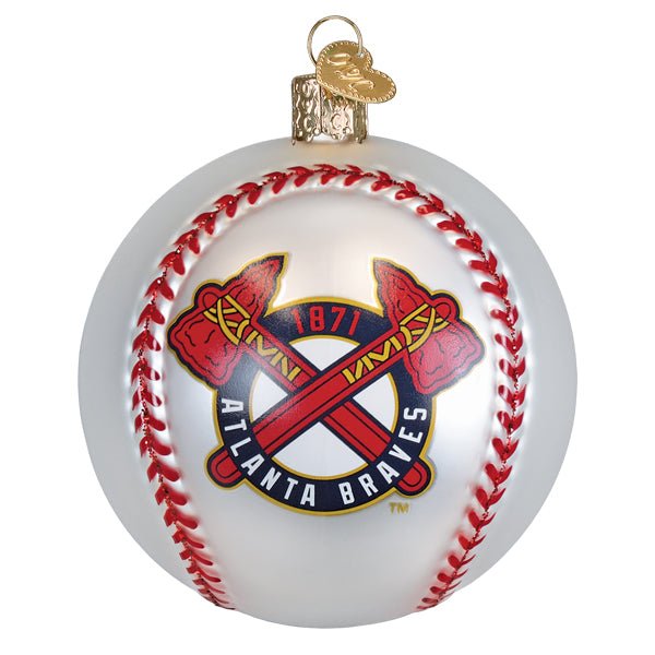 Back of the Braves baseball ornament showing the crossed tomahawks emblem in a navy ring, on white