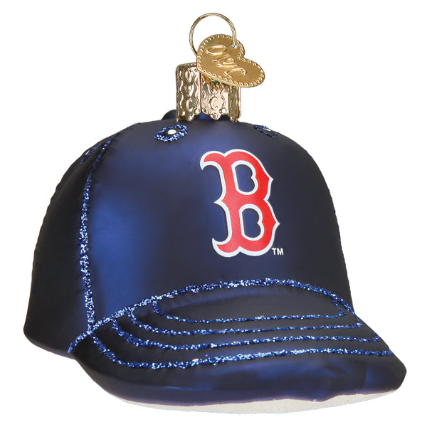 Front of the Boston Red Sox baseball cap ornament, a navy glass cap with the red B logo outlined in white, on white