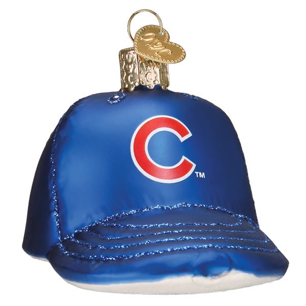 Chicago Cubs baseball cap ornament, royal blue with the red C logo, glittered brim, front view on white