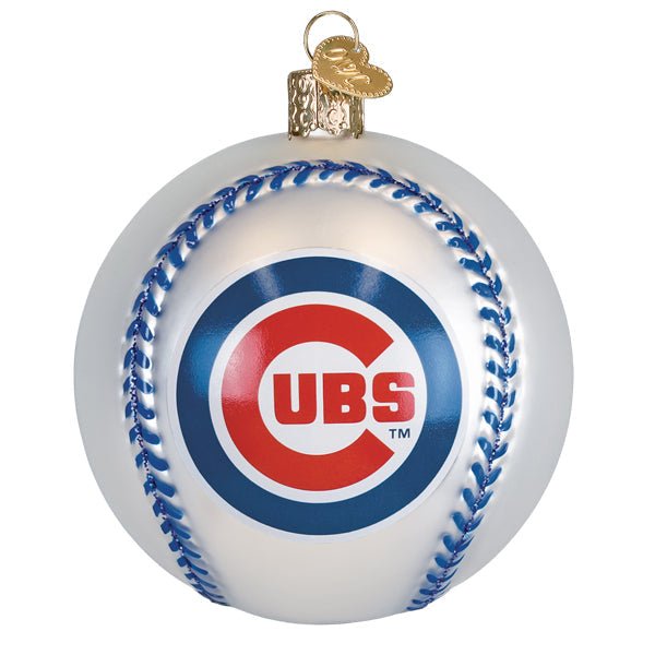 Front of the Chicago Cubs baseball ornament, a white glass ball with blue stitching and the red and blue Cubs logo, on white