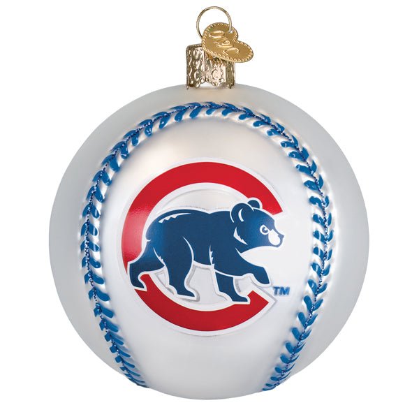 Back of the Cubs baseball ornament showing the blue walking bear inside a red C, on white
