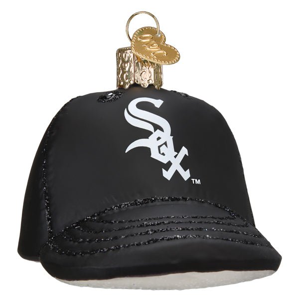 Chicago White Sox baseball cap ornament, black with the white Sox logo, glittered brim, front view on white