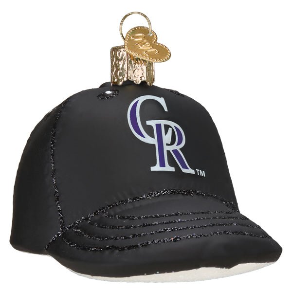 Front of the Colorado Rockies cap ornament, a black glass cap with the purple and silver CR logo, on white