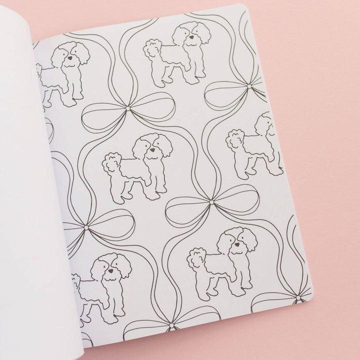 Dog coloring page of fluffy pups and ribbon bows in a repeating pattern