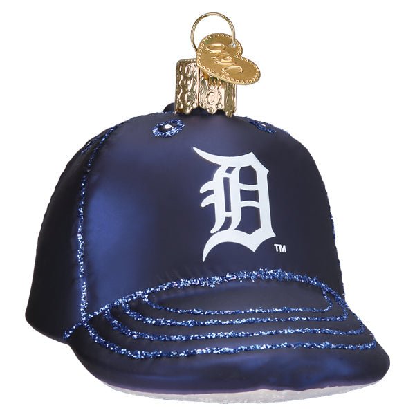 Detroit Tigers baseball cap ornament, navy with the white Old English D, glittered brim, front view on white