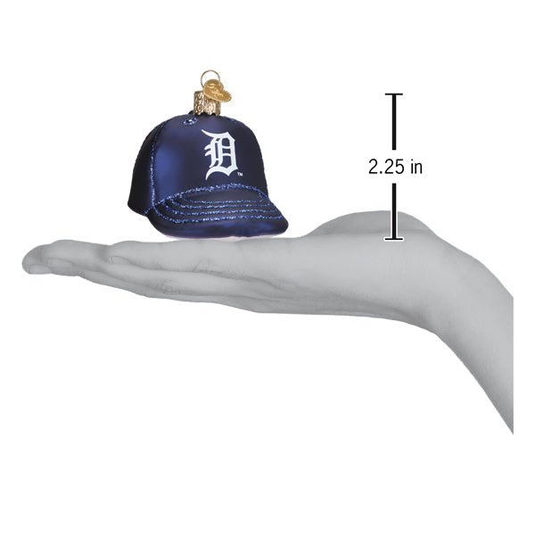 Tigers baseball cap ornament resting on an open palm beside a 2.25 inch height marker